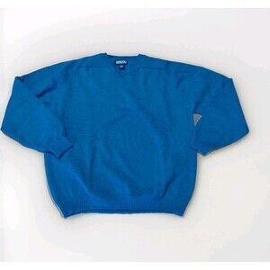Lands End Sweater Mens Large Blue Lambs Wool V Neck Knit Scotland